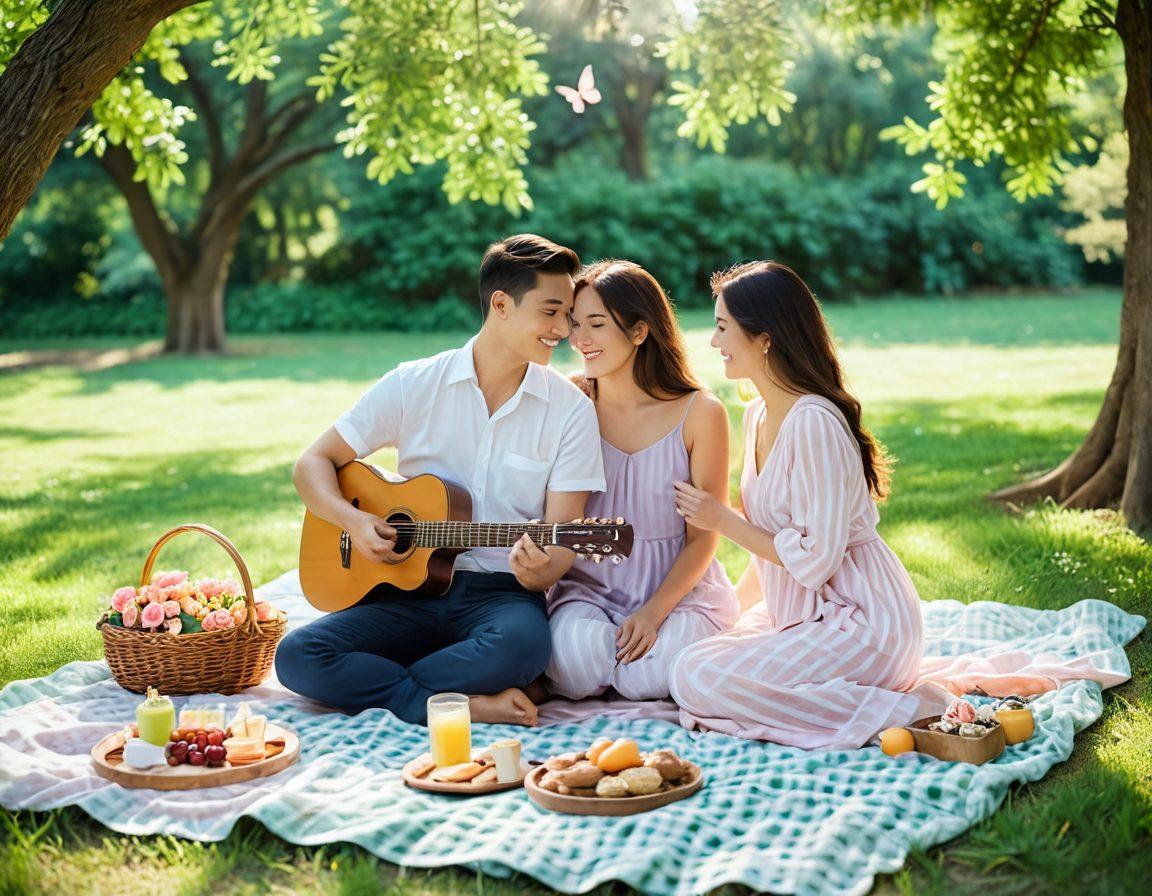A cozy scene of a couple enjoying a simple picnic in a sun-drenched park, surrounded by blooming flowers and fluttering butterflies. They share smiles and laughter, with a checkered blanket spread out and a basket filled with homemade treats. Soft sunlight filters through the leaves, creating a warm, inviting atmosphere that captures the essence of ordinary moments turned extraordinary. painting. soft pastel colors. dreamy background.