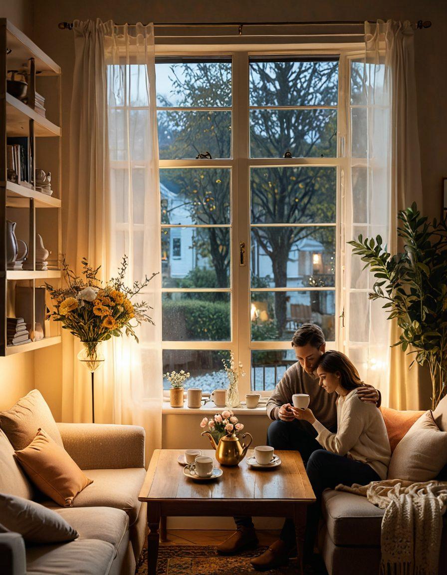 A serene scene of a cozy living room bathed in soft golden light, showcasing a couple sharing a warm moment over a cup of tea, surrounded by simple yet beautiful decorations like fresh flowers and personal mementos. The ambiance conveys intimacy and warmth, highlighting the beauty of everyday life. Include subtle details like a window showing a gentle rain outside for added romance. soft focus. warm colors. cozy atmosphere.