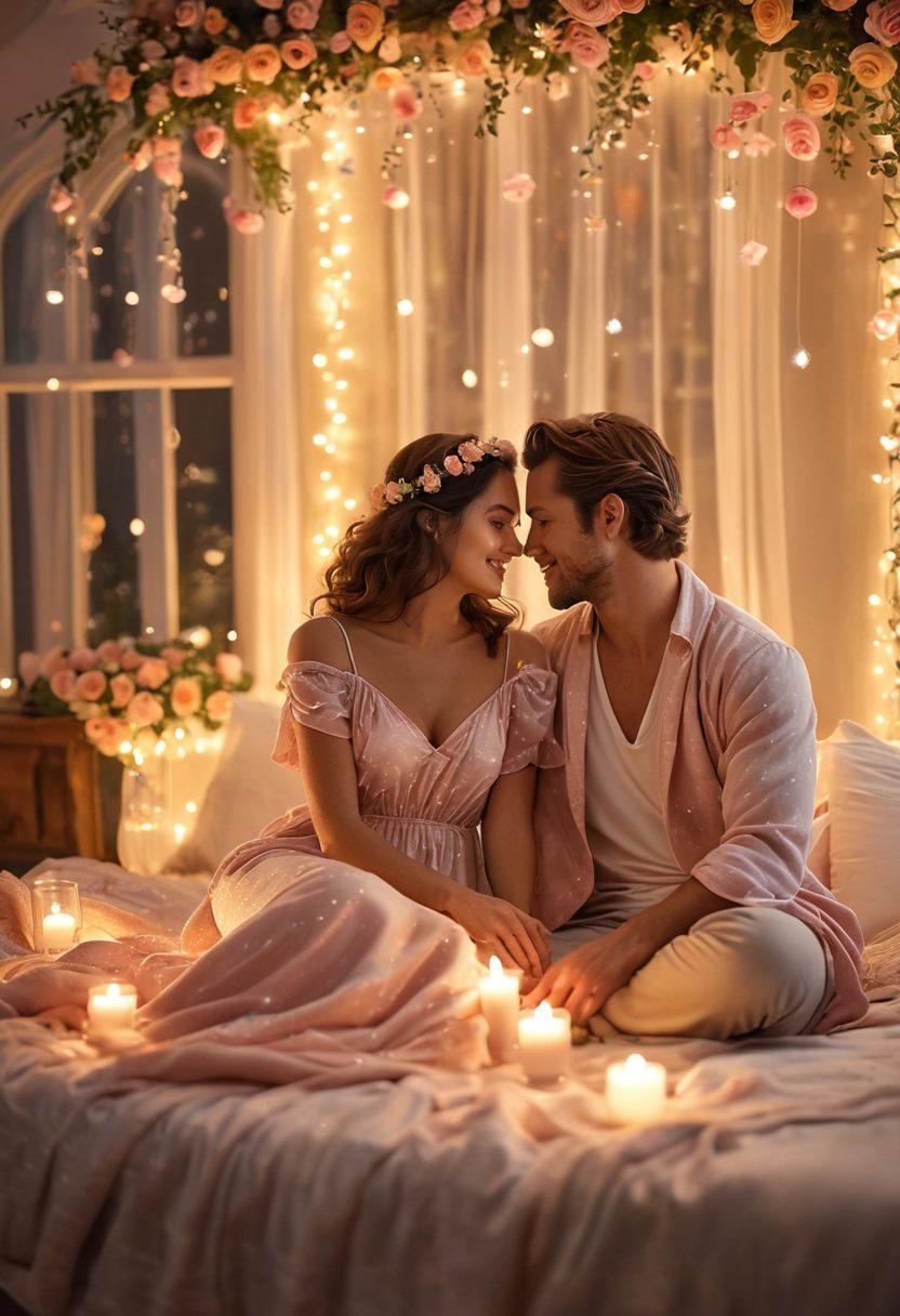 A couple in an intimate setting, surrounded by soft, glowing fairy lights, their faces illuminated with joy and wonder. Delicate, swirling clouds of mist and sparkling stars create a dreamy atmosphere, symbolizing a journey from ordinary moments to extraordinary connections. Romantic elements like a candlelit dinner setup with roses and a cozy blanket enhance the scene. pastel colors, ethereal glow, dreamy background.
